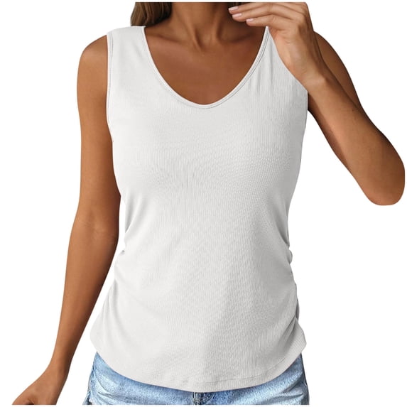 cocolona Womens Tank Tops with Built in Bras V Neck Sleeveless Ribbed Shirts Summer Casual Solid Color Tops White M