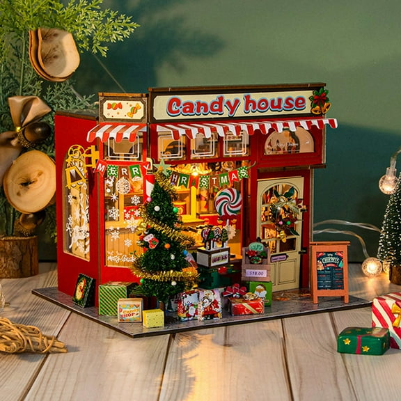 karymi Christmas Candy House Handmade Assembled Mini DIY Cabin Model Puzzle Christmas Gift Birthday Gift Box Assembled Wooden Architecture Model. 10ml Christmas Party Favors
