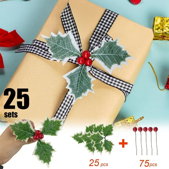 karymi Festive Christmas Holly Leaf Berry Set 25 Sets for Tree Gift Decor Simulated Green Plant Christmas Decoration Living Room Decor Wholesale