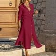 thumbnail image 1 of pstuiky Dresses for Women, Cotton and Linen Shirt Dress Solid Color Half Sleeve Collared Sundresses High Waist Calf Length Dresses Drawstring Formal Dresses for Women Anniversary, 1 of 10
