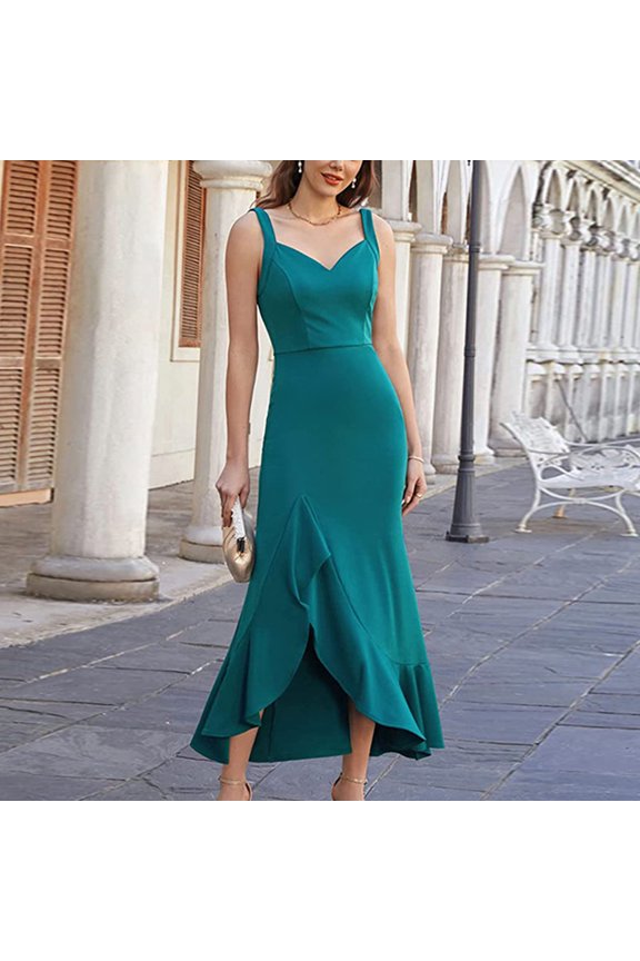 Women's Dress, Bodycon Dress Solid Color Sleeveless V-Neck Sundresses High Waist Ruffle Sleeve Floor Length Dresses Midi Dresses for Women Wedding Green L