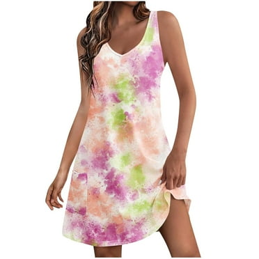 Summer Savings! pstuiky Women's Dress, Tank Dress Gradient Print Sleeveless V-Neck Sundresses with Pockets Calf Length Dresses Flowy Dresses for Women Birthday Multicolor S