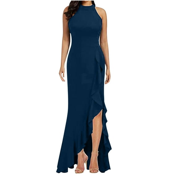 pstuiky Womens Summer Dresses, Bodycon Dress Solid Color Sleeveless High Neck Sundresses High Waist Floor Length Dresses Formal Dresses for Women Graduation Dark Blue XXL