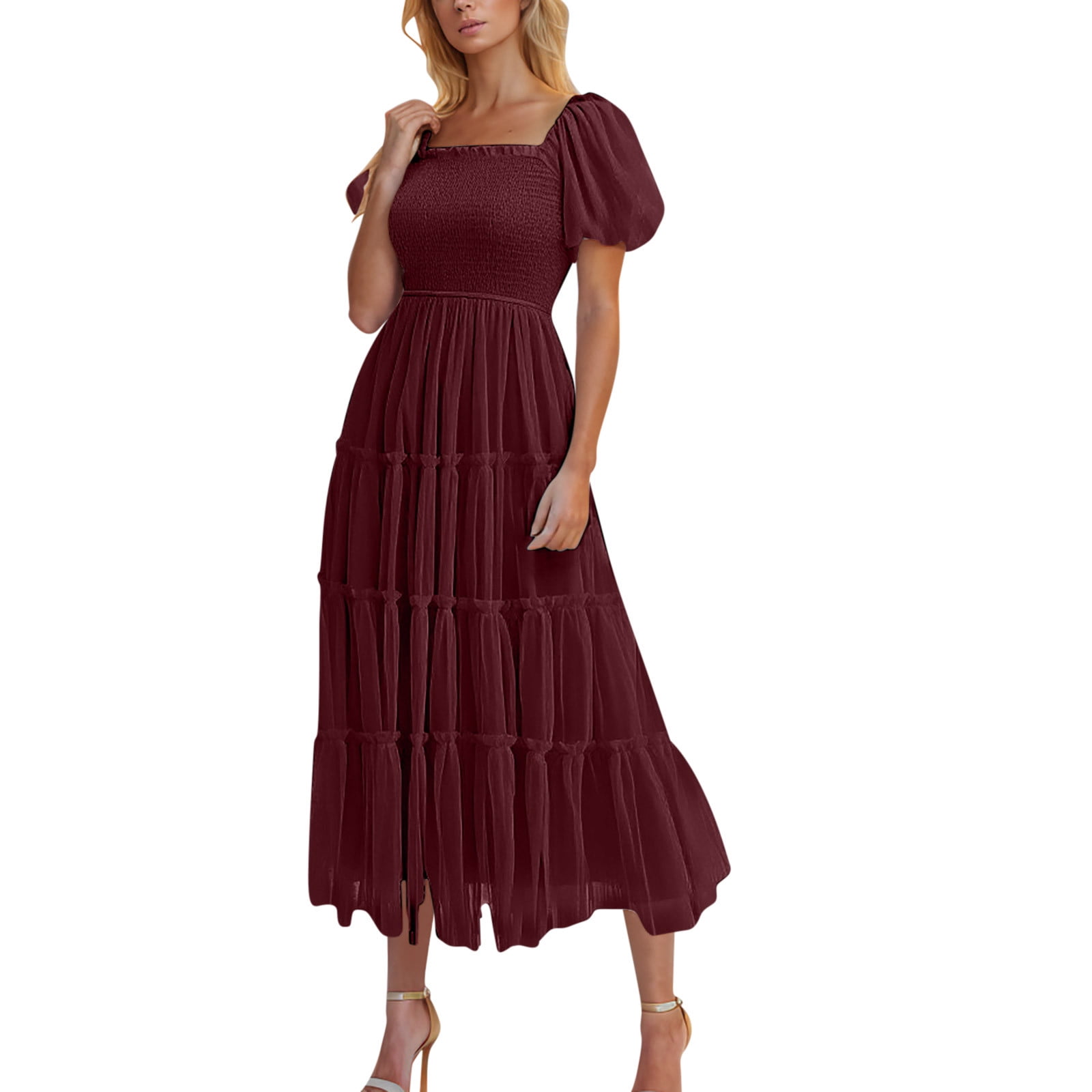 CICIDUDU Plus Size Boho Summer Dress - Square Neck, Smocked Back, Short Sleeve A-Line For Wedding Guest