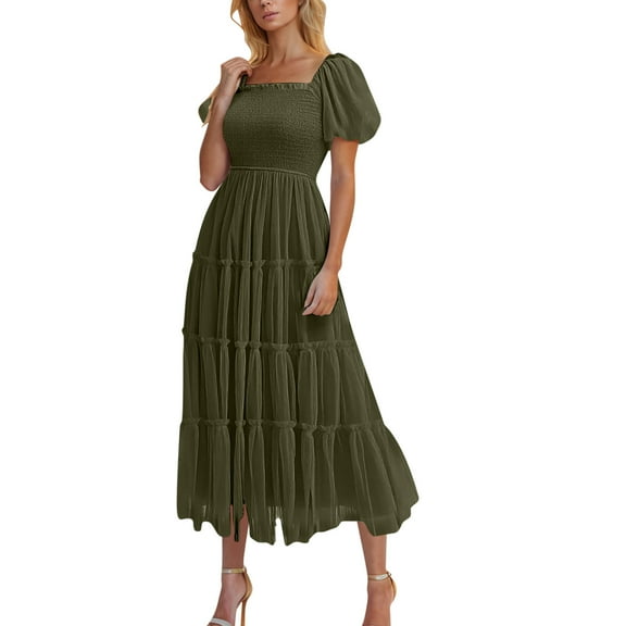 purcolt Women's Boho Tulle Tiered Maxi Dress Smocked Square Neck Puff Short Sleeve Elegant A Line Flowy Long Dress Wedding Guest Dresses