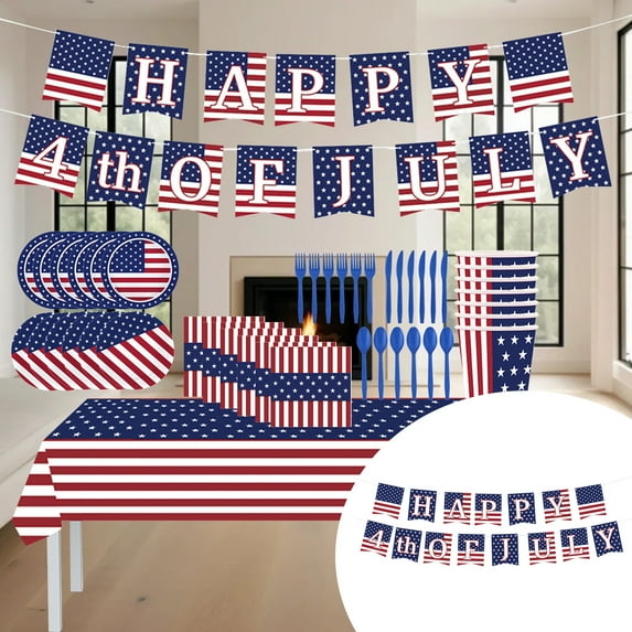 SummerTupukom Independence Day Decorations 4th of July Party Tableware Sets 2pcs Red White Blue Flag Memorial Day Patriotic Decor Party Supplies,Serve 2