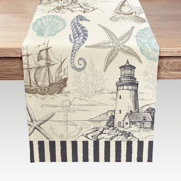 Summer Scallops Starfish Coral Coastal Table Runner, Retro Ocean Beach Sea Animals Theme Home Kitchen Dining Table Runner, Nautical Table Runner Indoor Outdoor Party Decor 13 x 48 Inches