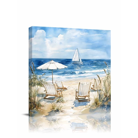Summer Scenery Canvas Wall Art, Watercolor Beach Chair Ship Ocean Framed Wall Decor Modern Artwork Prints Painting for Living Room, Bedroom, Kitchen & Cafe Decor 8x8 Inch