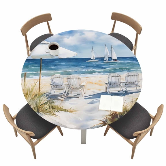 Summer Scenery Round Fitted Tablecloth with Elastic Edge Beach Chair Table Cover Fit for 36"-44" Tables Waterproof Tablecloths for Dinner Camping Picnic