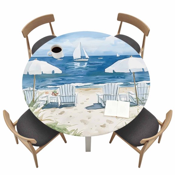 Summer Scenery Round Fitted Tablecloth with Elastic Edge Beach Chair Table Cover Fit for 36"-44" Tables Waterproof Tablecloths for Dinner Camping Picnic