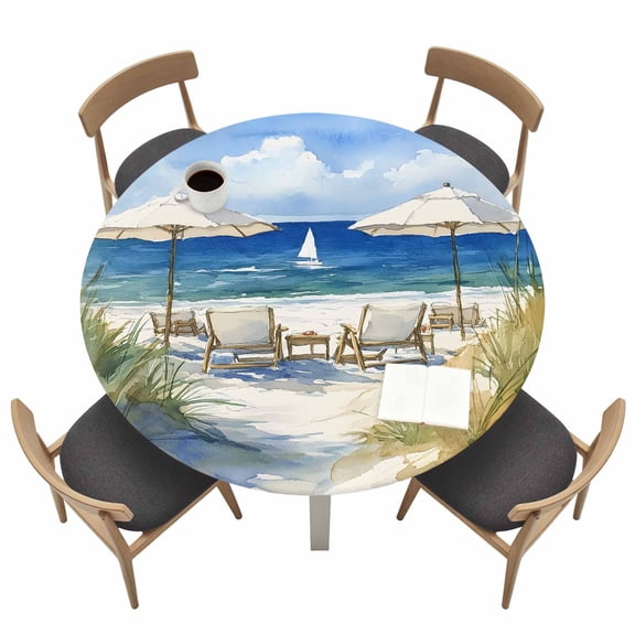 Summer Scenery Round Fitted Tablecloth with Elastic Edge Watercolor Beach Chair Table Cover Fit for 36"-44" Tables Waterproof Tablecloths for Dinner Camping Picnic