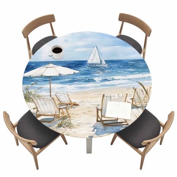 Summer Scenery Round Fitted Tablecloth with Elastic Edge Watercolor Beach Chair Table Cover Fit for 36"-44" Tables Waterproof Tablecloths for Dinner Camping Picnic
