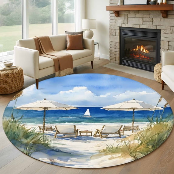 Summer Scenery Round Living Room Rugs 7 ft, Watercolor Beach Chair Washable Area Rug with Non-Slip Sturdy Edge Binding Round Carpet for Kitchen Office Bedroom