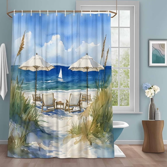 Summer Scenery Shower Curtains for Bathroom, Watercolor Beach Chair Washable Fabric Shower Curtain with Hooks Waterproof Bathroom Decor Sets, 72 x 78 Inches