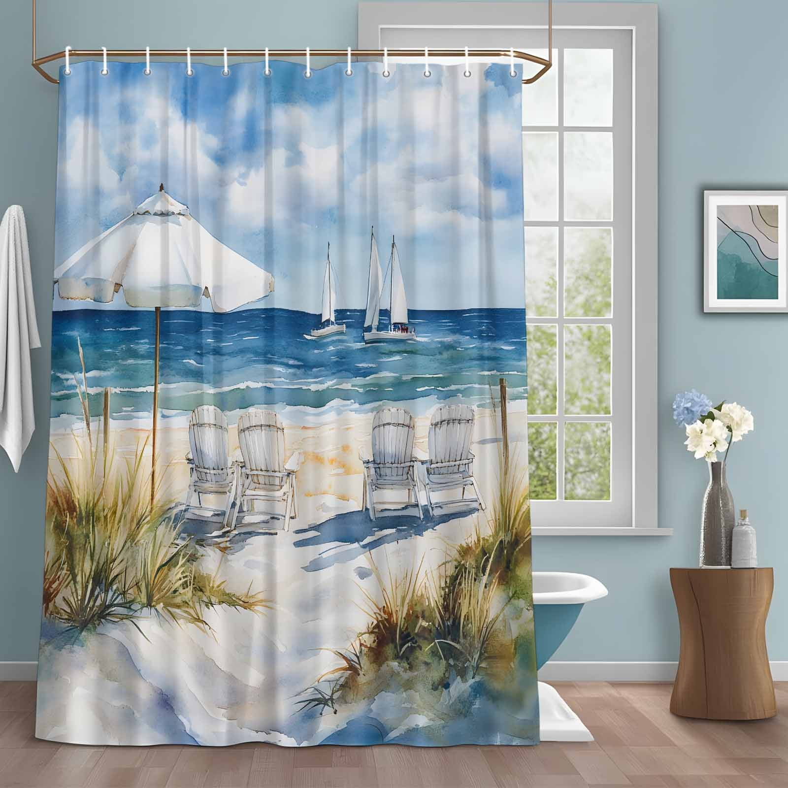 Summer Scenery Shower Curtains for Bathroom, Beach Chair Washable Fabric Shower Curtain with Hooks Waterproof Bathroom Decor Sets, 36 x 72 Inches