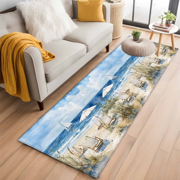 Summer Scenery Washable Runner Rugs 2'x6', Watercolor Beach Chair Low Pile Throw Entryway Rug Non-Slip Sturdy Edge Binding Carpet for Indoor Bedside Entrance Bedside