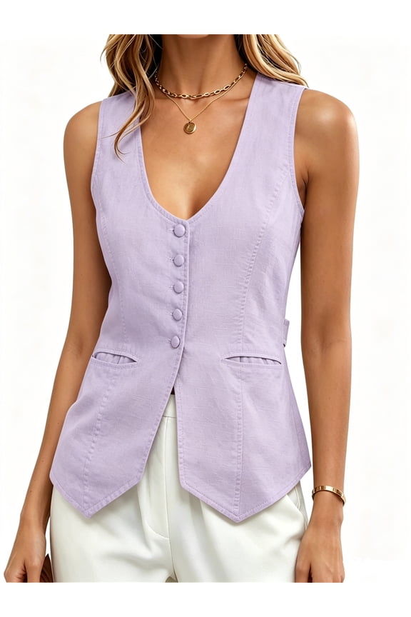 Summer Scoop Neckline Women Solid Slim Fit Button Down Vest Waistcoat Tops