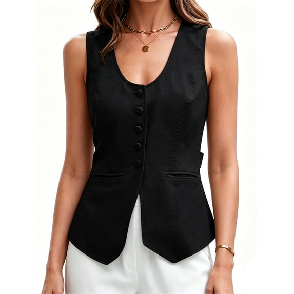 Summer Scoop Neckline Women Solid Slim Fit Button Down Vest Waistcoat Tops