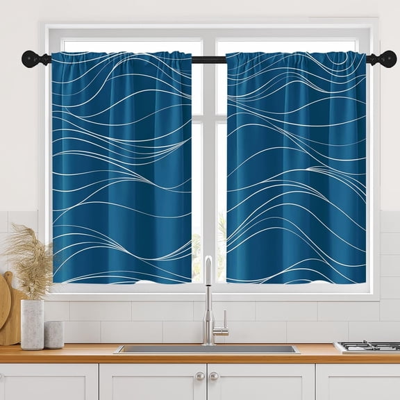 Summer Sea Aqua Ocean Kitchen Curtains, Mountain Stripe Blue Short Window Curtains Set of 2, Window Treatment Tier Curtains for Kitchen Over Sink Bathroom Dining Room Decor (26x36 Inch)