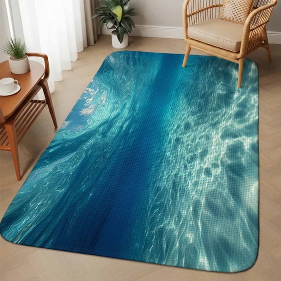 Summer Sea Area Rugs for Living Room 5x6, Underwater Blue Ombre Ocean Waves Seascape Sand Washable Area Rug with Non Slip Backing, Stain Resist Linen Carpet for Bedroom, Dining Room, Entrance