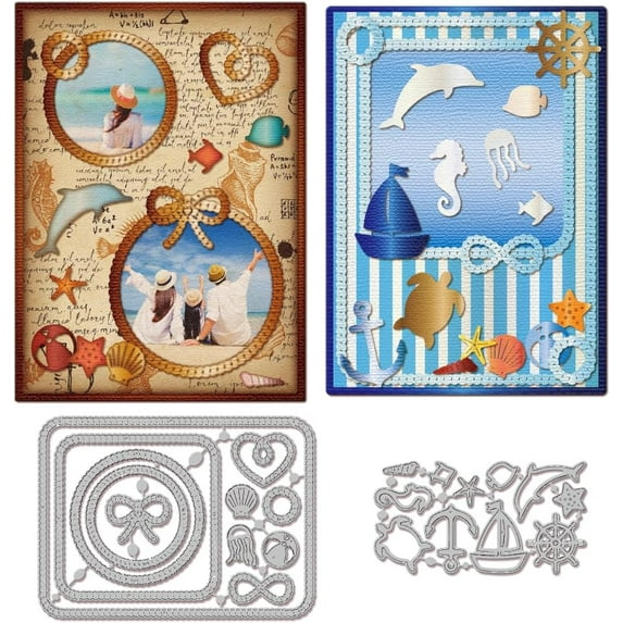 Summer Sea Background Photo Frame Cutting Dies Rope Wreath Cut Dies Fish Shell Border Die Cuts Anchor Sailboat Cutting Die for Card Making DIY Scrapbooking Crafts