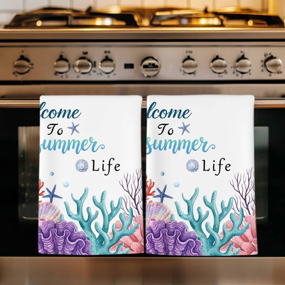Summer Sea Coral Kitchen Towels Set of 1, Nautical Coastal Seaweed Starfish Watercolor Absorbent Dish Towels for Kitchen, Microfiber Hand Towel, Quick Drying Tea Towel for Cleaning Dishcloths