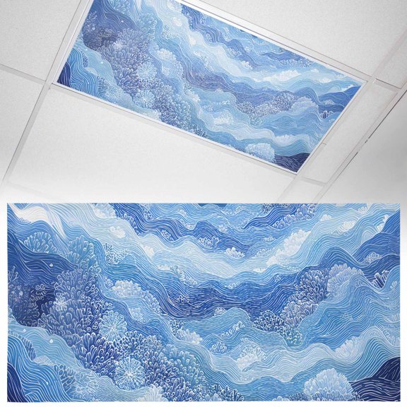 Summer Sea Corals Fluorescent Light Covers Nautical Coastal Abstract Watercolor Ocean Waves Magnetic Light Filters Ceiling Lighting Panel Shade for Classroom Office Home 2 x 4 ft, 1 Pack