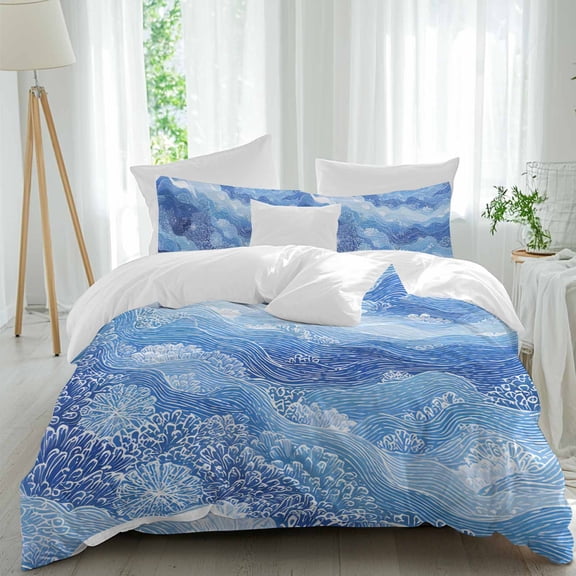 Summer Sea Corals Queen Size Comforter Set, Nautical Coastal Abstract Watercolor Ocean Waves Bedding for All Seasons, 4 Pcs Bed Set, 1Quiltcover (90"x92") ,1Sheet(94"x116"), 2Pillowcases (30"x20")