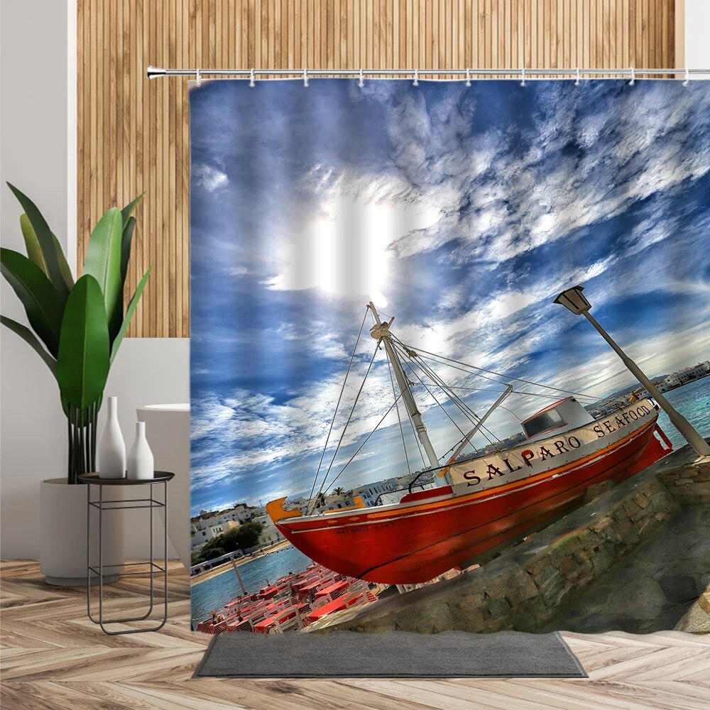 Summer Sea Cruise Ship Shower Curtain Sailboat Coconut Tree Beach