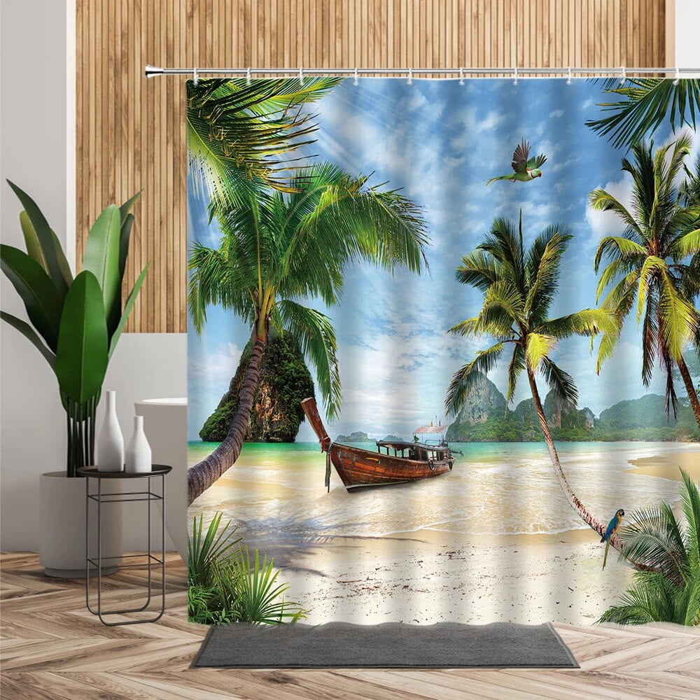 Summer Sea Cruise Ship Shower Curtain Sailboat Coconut Tree Beach 