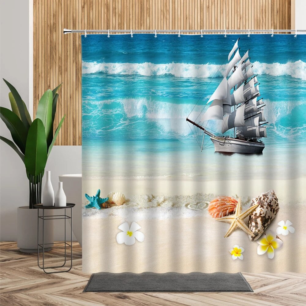 Summer Sea Cruise Ship Shower Curtain Sailboat Coconut Tree Beach
