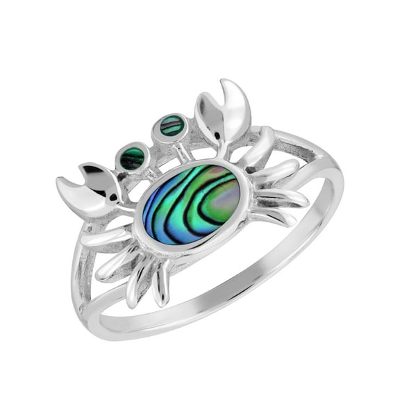 Summer Sea Cute Crab Rainbow Abalone Shell Inlaid Sterling Silver Band Ring-7