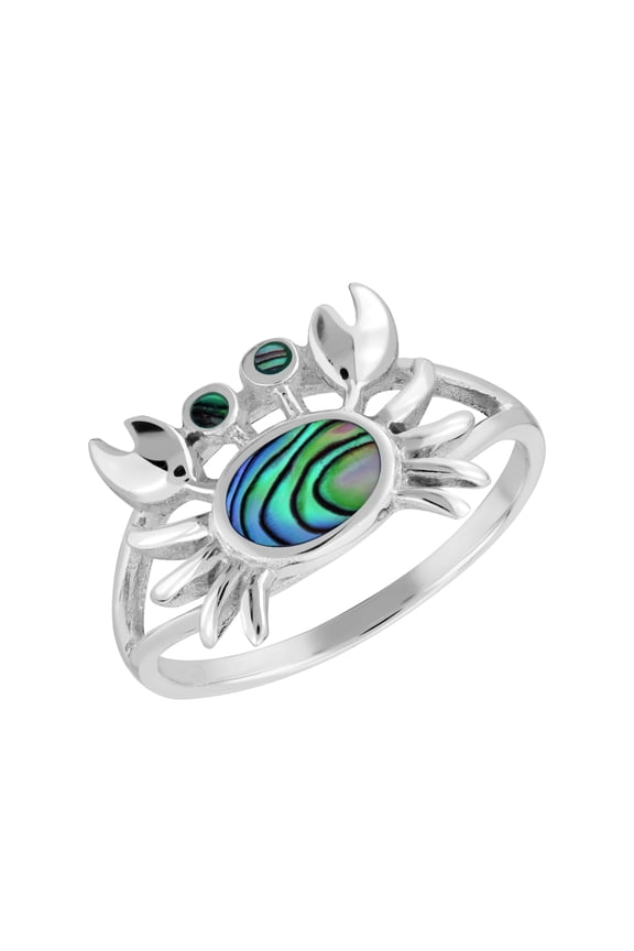 Summer Sea Cute Crab Rainbow Abalone Shell Inlaid Sterling Silver Band Ring-7