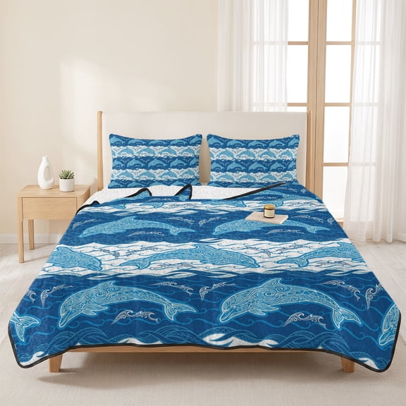 Summer Sea Dolphins 3 Pieces Quilt Set,1 Quilt with 2 Shams,Blue White Waves Bedspread Soft Lightweight Bedding Coverlet Comforter Set for All Season 96"x106"