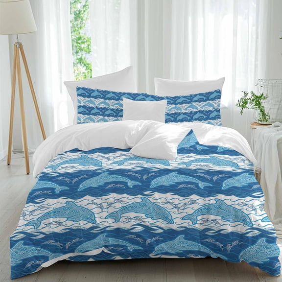 Summer Sea Dolphins Full Size Bed Set,Blue White Waves Bedding for All Seasons,4 Pcs Bed Set,1 Quiltcover(86"x86"),1 Sheet(80"x116"),2 Pillowcases(30"x20")