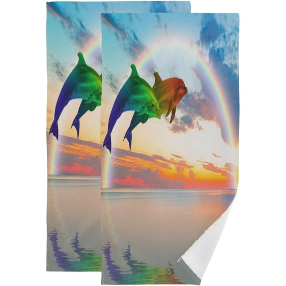Summer Sea Dolphins Hand Towels 2 PCS, Ocean Rainbow Sunset Kitchen Towel Ultra Soft and Highly Absorbent,Decorative Fingertip Face Towel for Bathroom Hotel, 28.3"x14.4"