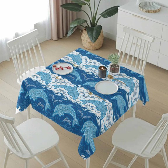 Summer Sea Dolphins Table Cloth 54x54in, Waterproof Square Tablecloth Wipeable Tablecloths Blue White Waves Table Covers for Dining Tables Party Indoor Outdoor