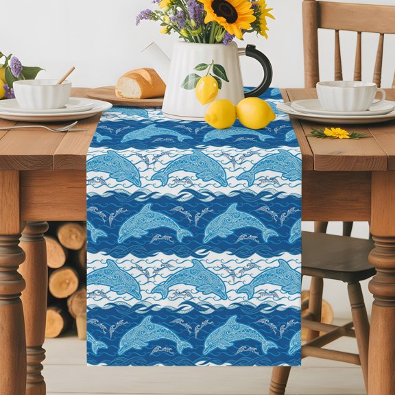Summer Sea Dolphins Table Runner 72 Inches Long, Blue White Waves Table Runners Tabletop Scarf Kitchen Dining Tables Decoration for Home Party Indoor Outdoor