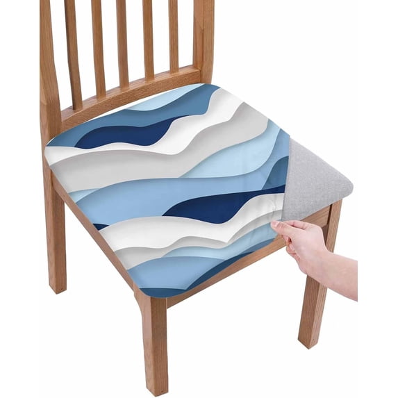 Summer Sea Ocean Waves Chair Seat Covers, Abstract Blue Navy Gray Gradient Geometric Pattern Stretchable Dining Chair Seat Cushion Slipcovers with Buckle for Dining Room, Set of 4