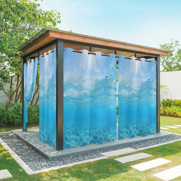Summer Sea Outdoor Curtains for Patio Waterproof, Water Blue Teal Ocean Waves Sunshine Grommet Curtains for Porch Outside Privacy Drape for Gazebo Garden Pergola, 1 Panel, 54x108in