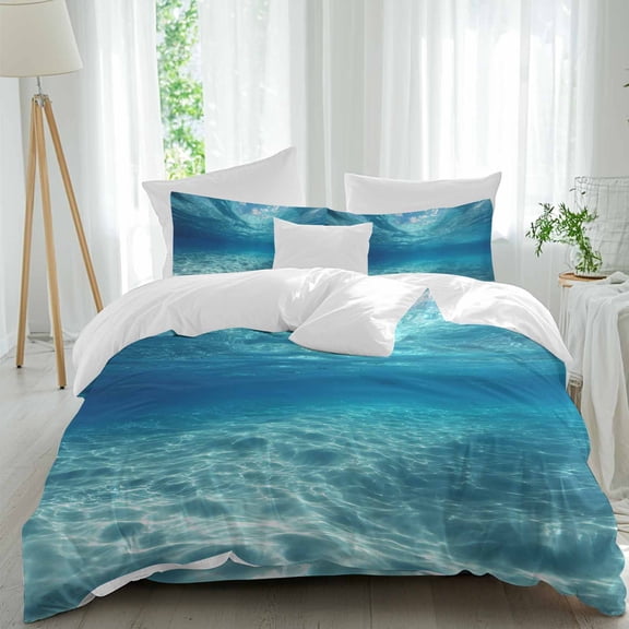 Summer Sea Queen Size Comforter Set, Underwater Blue Ombre Ocean Waves Seascape Sand Bedding for All Seasons, 4 Pcs Bed Set, 1Quiltcover (90"x92") ,1Sheet(94"x116"), 2Pillowcases (30"x20")