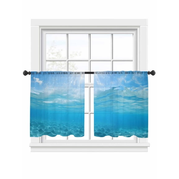 Summer Sea Sheer Curtains 54 Inch Long 2 Panels, Water Blue Teal Ocean Waves Sunshine Light Filtering Rod Pocket Curtains, Sheer Voile Drapes for Living Room Bedroom, 52"x54"
