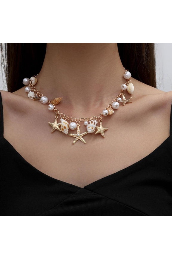Summer Sea Shell Necklace Bohemian Starfish Conch Pearl Jewelry for Women