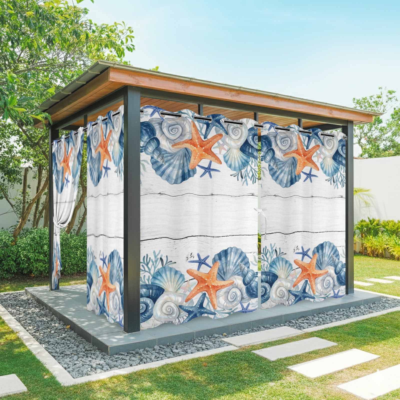 Summer Sea Shell Outdoor Curtains for Patio, Nautical Ocean Watercolor Starfish Coral Wood Grain Sunshade Privacy Drapes Grommet Waterproof Outside Curtains for Porch Balcony 54"x 108", 1 Panel