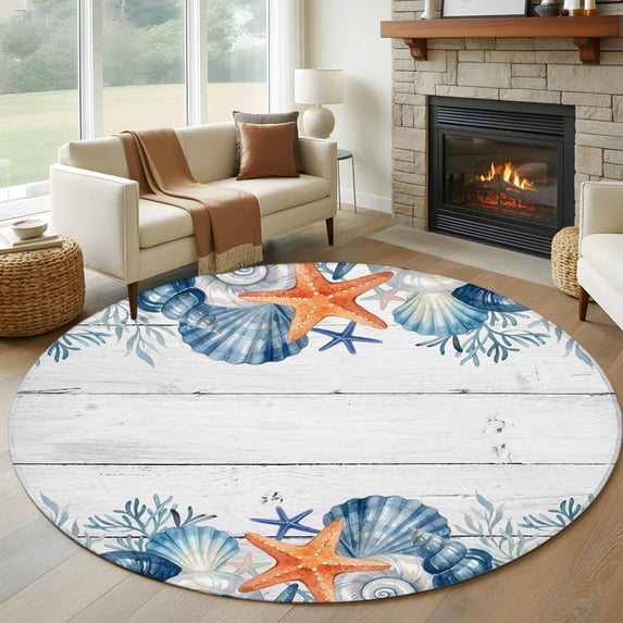 Summer Sea Shell Round Living Room Rugs 7 ft, Nautical Ocean Watercolor Starfish Coral Wood Grain Washable Area Rug with Non-Slip Sturdy Edge Binding Round Carpet for Kitchen Office Bedroom