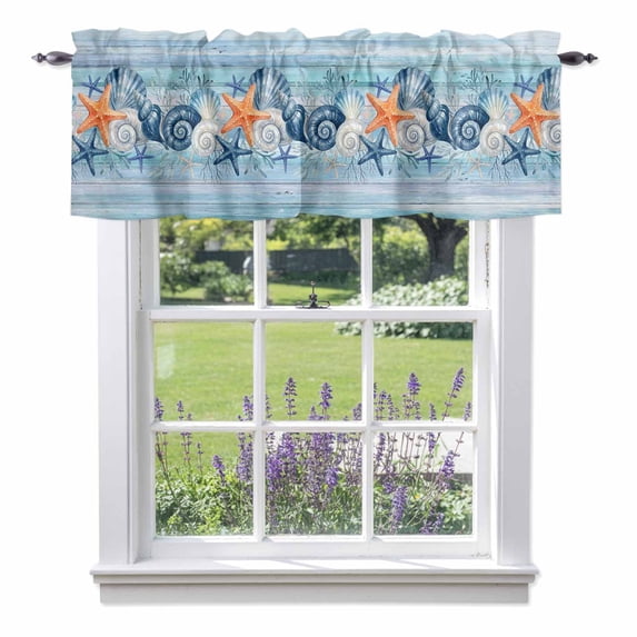 Summer Sea Shell Valance Curtain Nautical Ocean Watercolor Starfish Coral Blue Wood Grain Window Valances Rod Pocket Short Curtains Window Treatments for Kitchen Bedroom Bathroom Laundry 60" x 18"