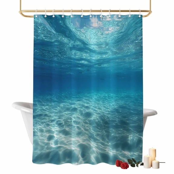 Summer Sea Shower Curtains for Bathroom, Underwater Blue Ombre Ocean Waves Seascape Sand Washable Fabric Shower Curtain with Hooks Waterproof Bathroom Decor Sets, 36 x 78 Inches