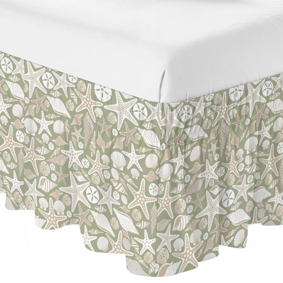 Summer Sea Starfish Bed Skirt 16 Inch Drop,Dust Ruffle Wrap Around Bed Skirts for Queen Size Bed, Shell Conch on Green Background Adjustable Elastic Bedskirt Bed Frame Cover