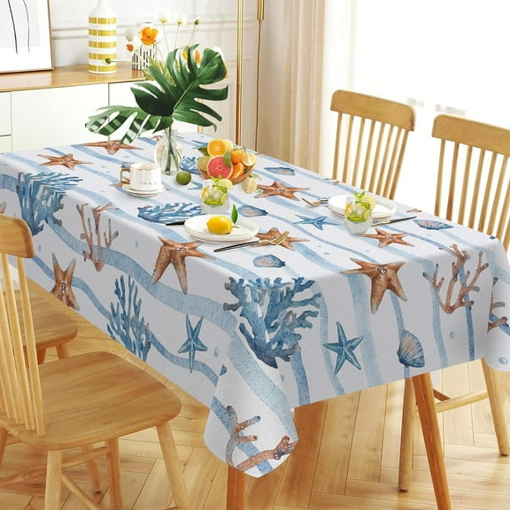 Summer Sea Starfish Conch Coral Rectangle Tablecloth 52 x 70 Inch, Coastal Ocean Wave Stripes Decorative Table Cloth Nautical Dining Table Cover, Seasonal Beach Dinner Party Picnic Decoration
