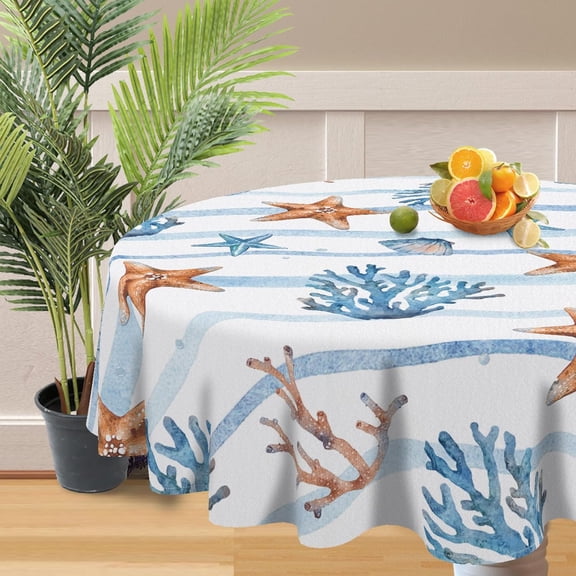 Summer Sea Starfish Conch Coral Round Tablecloth 60 x 60 Inch, Coastal Ocean Wave Stripes Decorative Table Cloth Nautical Dining Table Cover, Seasonal Beach Dinner Party Picnic Decoration